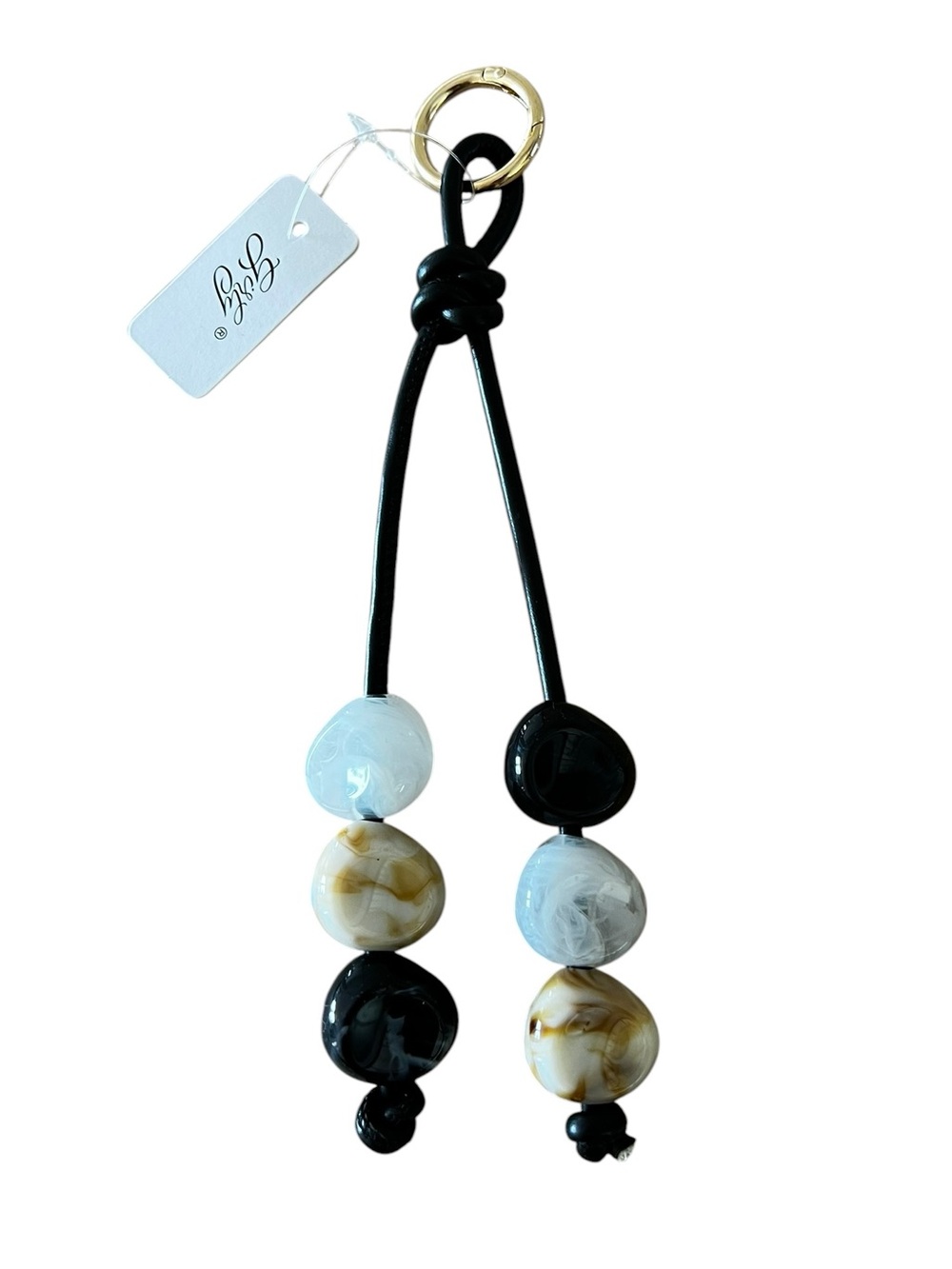 New Faux Black White Light Tan Brown Acrylic Bead & Leather Gold Ring Bag Charm